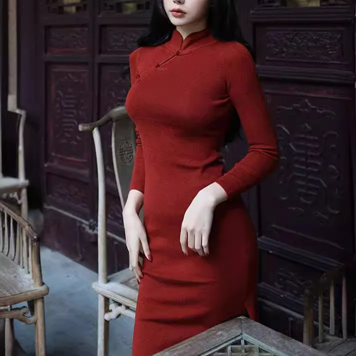 

3550, осень-зима, новое трикотажное платье Cheongsam с воротником-стойкой на пуговицах в национальном стиле, осень-зима, с разрезом