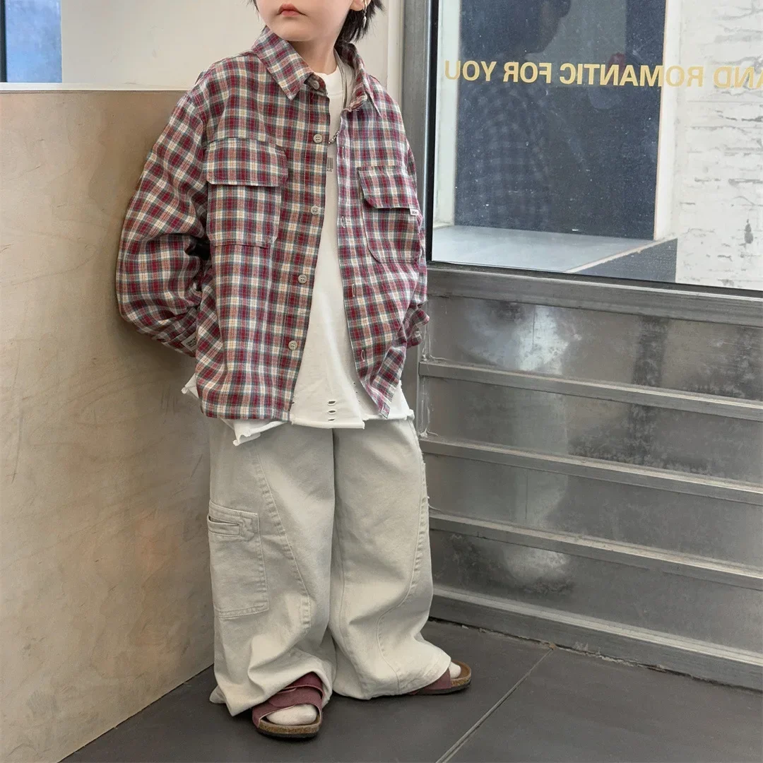 Kids Pants New Spring 2025 Children's Loose Wide Leg Beige Cool Casual Boys Handsome Simple Style