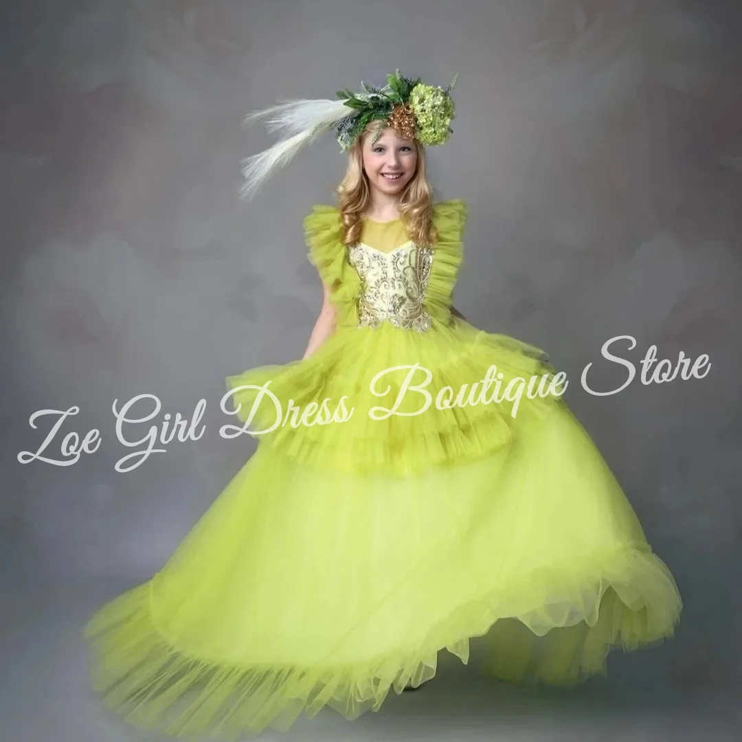 

Зеленые платья на день рождения для девочек, кружевные аппликации, тюлевые платья с цветочным узором для девочек на свадьбу, вечерние детские бальные платья принцессы по индивидуальному заказу