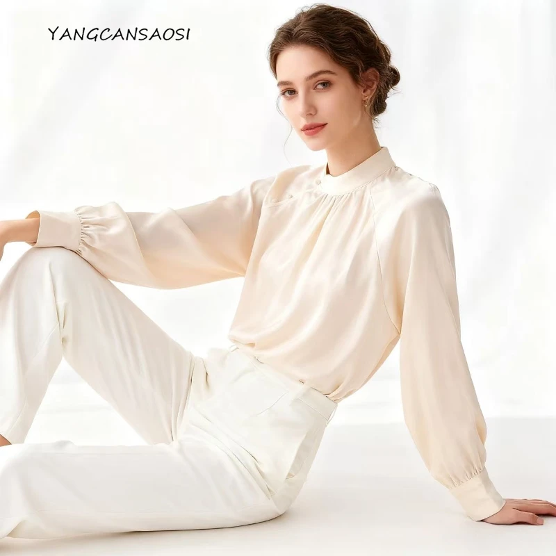 

Women's Fashion Clothing 100% Natural Mulberry Silk HuaLuo Small Stand Collar Loose Long Sleeve Slant Solid Color Top