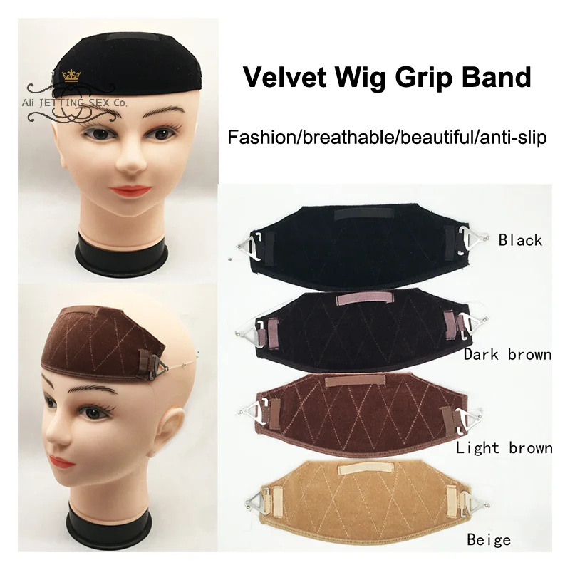 ที่คาดผมกำมะหยี่กันลื่นสำหรับวิกผมและท็อปเปอร์ผม  สายรัดศีรษะแบบสบายเพื่อการยึดวิกผมของคุณให้แน่น  สายรัดแบบปรับได้และมองไม่เห็นสำหรับผู้หญิง