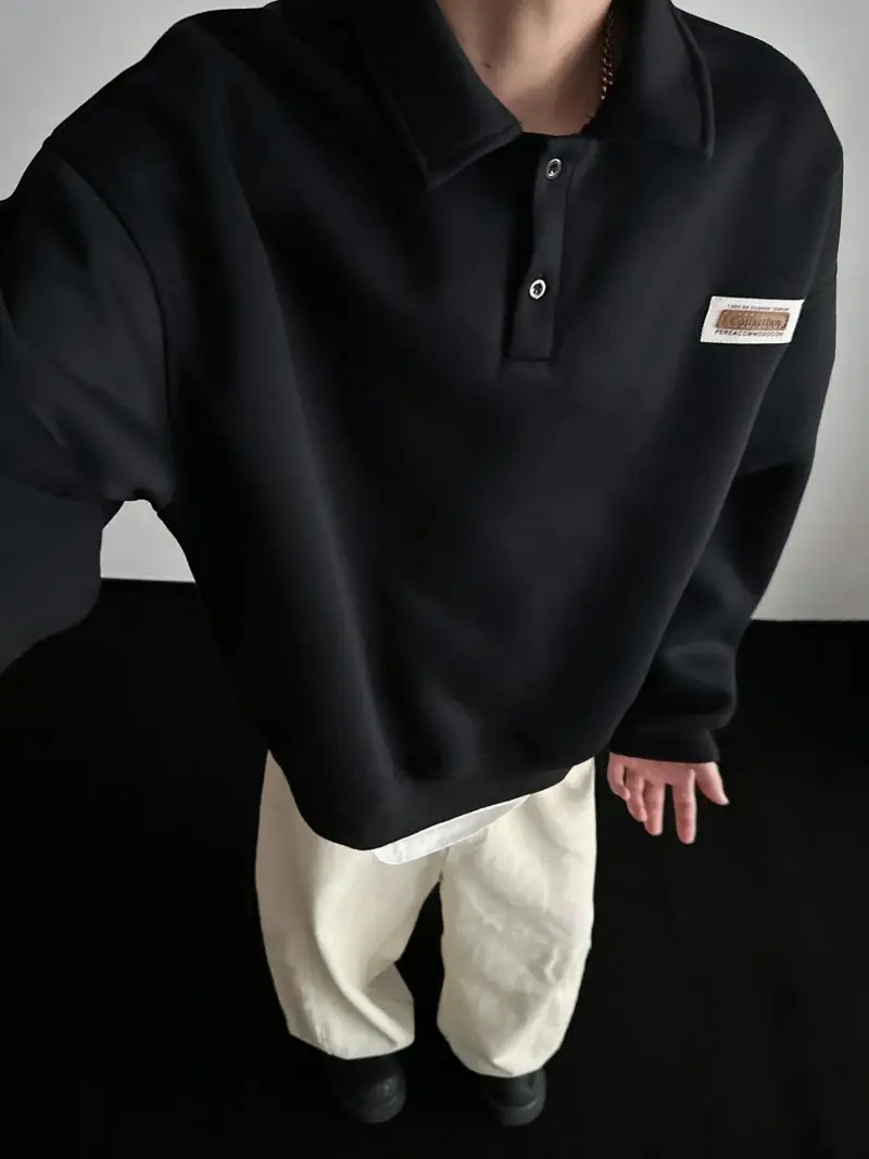 Autumn Men's Casual Solid Color Polo Neck Sweatshirt American Style Couple Loose Long Sleeve Turn down Collar Top Hoodies