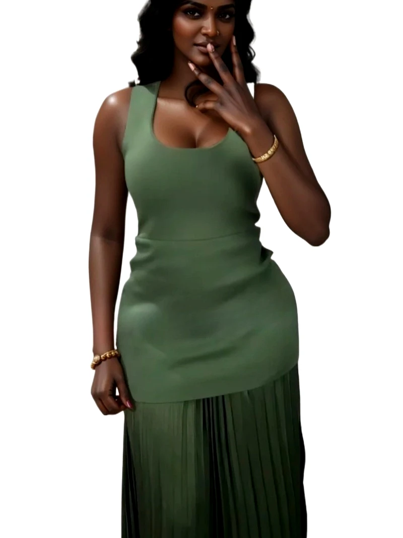 

Модное темпераментное плиссированное вязаное длинное платье, новинка лета 2025, женское трикотажное плиссированное тонкое платье без рукавов, элегантное