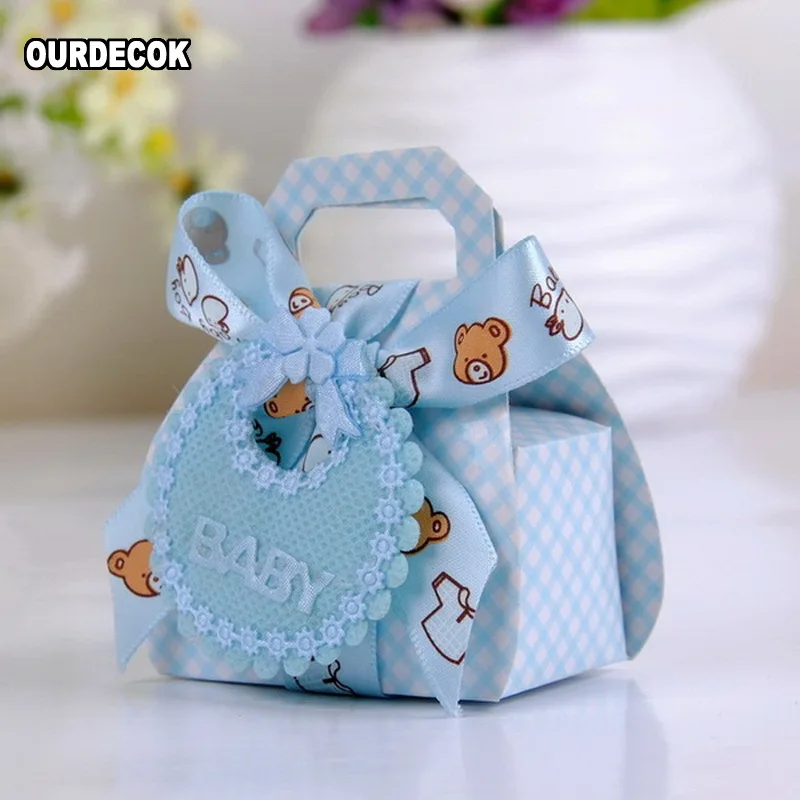 24pcs/lot Bear Shape DIY Paper Wedding Gift Christening Baby Shower Party Favor Boxes Delicate Candy Box with Bib Tags & Ribbons