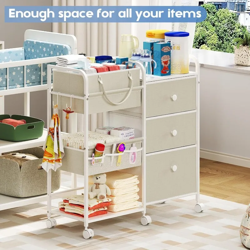 Large Capacity Baby Diaper Organizer Cart 3-Tier Mobile Storage Drawers Nursery Rolling Utility Tower Living Room Storage Rack