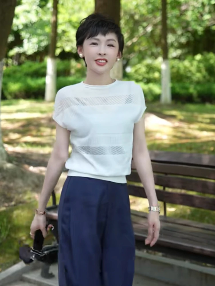 

Faionable Ice Silk Knitted Top Casual Hollow out ort Sve Overhead Summer Soft Skin-friendly Korean Sle Loose Fit Kni...