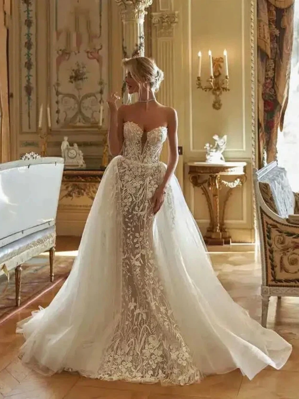 

Luxurious Mermaid Bead Applique Women's New Sexy V-Neck Strapless Dress With Detachable Skirt Ballroom Bridal Gown Customized