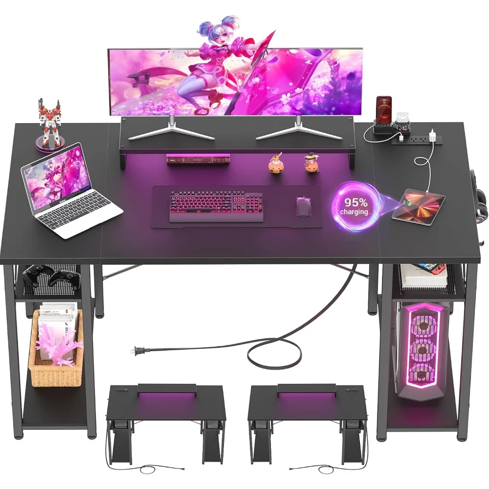 

55 Inch Computer Desk with LED Lights, Power Outlet and USB, Reversible with Moveable Monitor Stand, Gaming PC Table