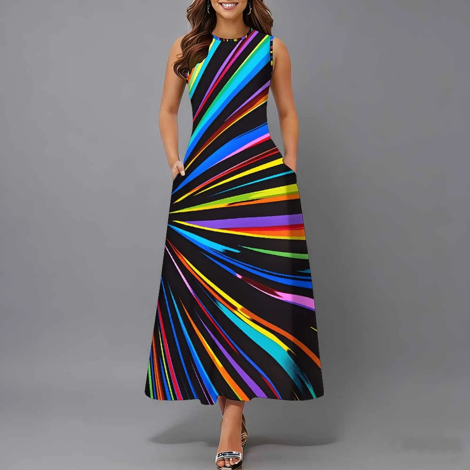 Women Sleeveless Long Maxi Dress With Pockets 3D Oil Painting Print Casual Loose Summer Vacation Party Sundress