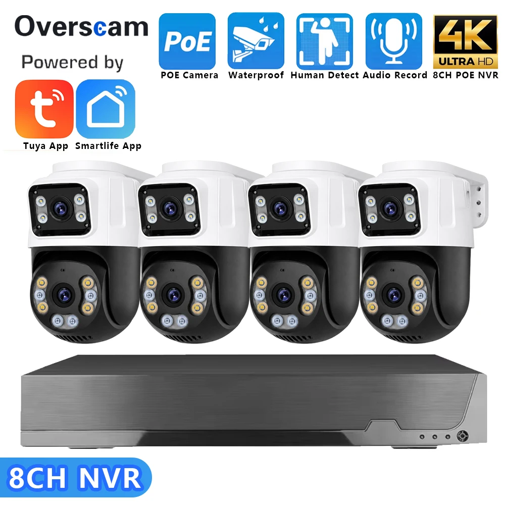 4K 8CH POE NVR Security Camera System Dual Lens PTZ Human Detection Audio Recording Waterproof Tuya Smart Life Surveillance Kits
