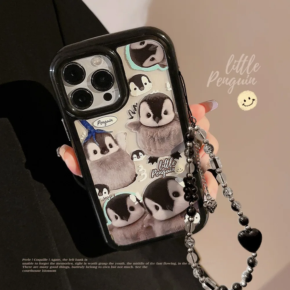 Niedlicher Cartoon-Pinguin, magnetische Handyhülle, Kette für iPhone 16, 15, 14, 13, 12, 11, Pro Max, klare, stoßfeste Acryl-Schutzhülle