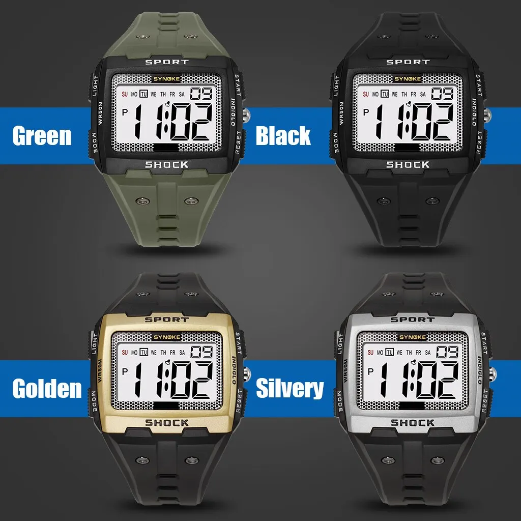 SYNOKE New For Men Sports Electronic Watch Waterproof Night Glow Large Screen Square Outdoor Running Camping Student Watch