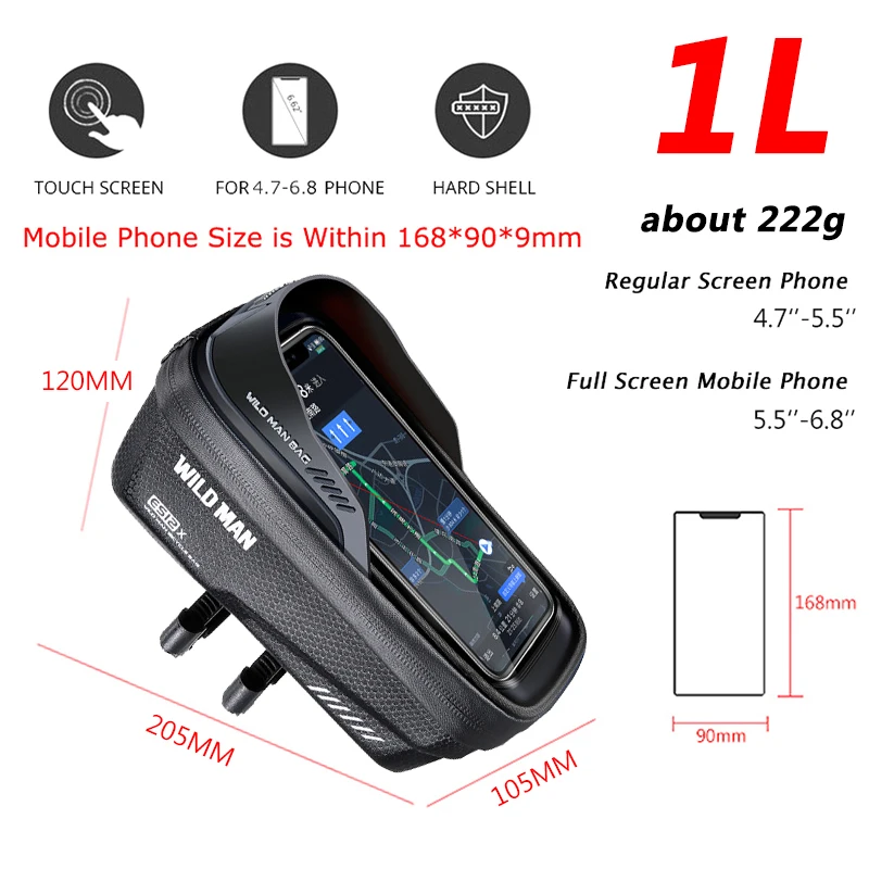 Waterproof Touchscreen Bike Stem Bag Wild Man Front Frame 1L Phone Case Holder Cycling Front Tube Bag