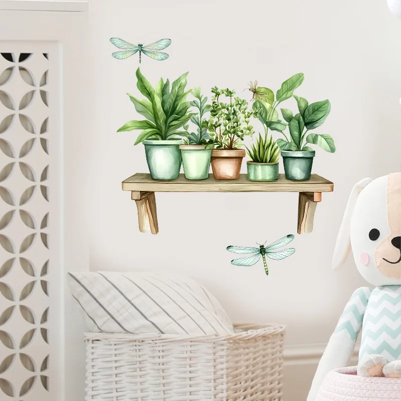 New Creative Fresh Plant Potted Plant Shelf Dragonfly Living Room Sofa Background Wall Decorative Wall Sticker
