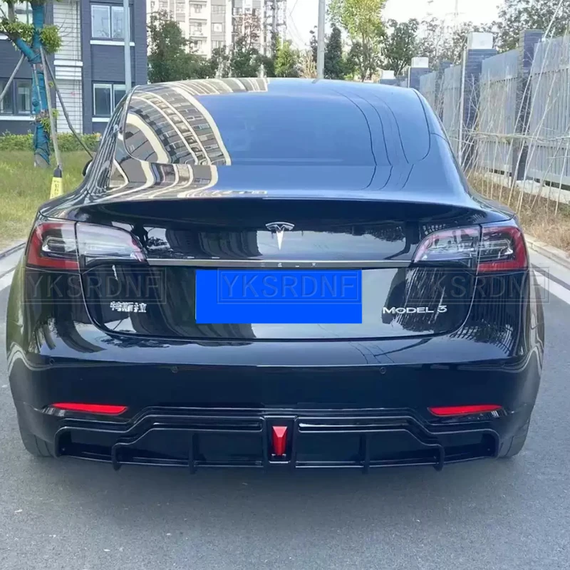 For Tesla Model 3 2018-2023 4-Door Rear Bumper Diffuser Lip ABS Carbon Fiber Look Car Boot Splitter Guard Spoiler Plate