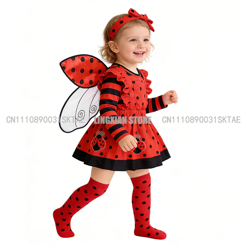 

3Pcs Toddler Ladybug Costume Newborn Striped Jumpsuit Polka Dot Dress Fancy Baby Girl Clothes Halloween Cosplay Party Clothing