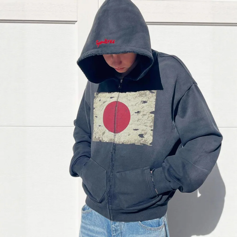 تصميم العلم الوطني الجديد لخريف وشتاء 2025 Y2K Harajuku سترة بقلنسوة بسحاب على طراز الشارع القديم هاي ستريت.