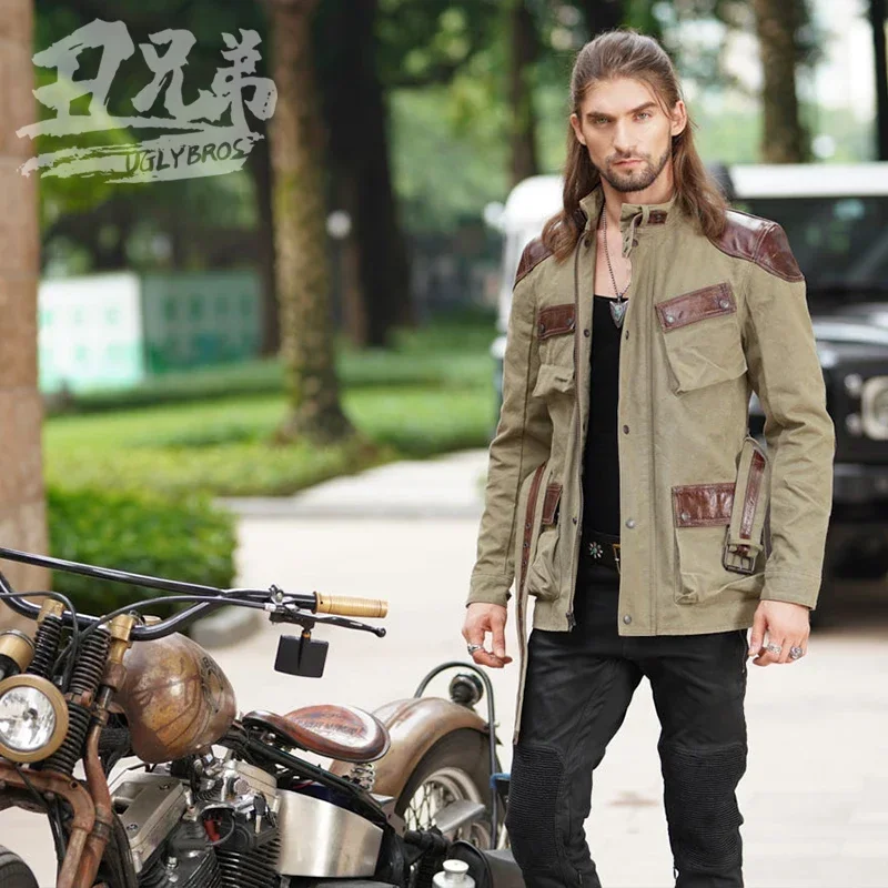 Vintage Uglybros Motorcycle Jacket Grenn Oil Wax Cowhide Long Jeans Moto Armor Men 5 CE Protective Gear For BMW  For TRIUMPH