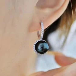 Huitan Trendy Luxury Women Black Simulated Pearl Earrings Newly Designed Ear Piercing Accessories Temperament Wedding Jewelry