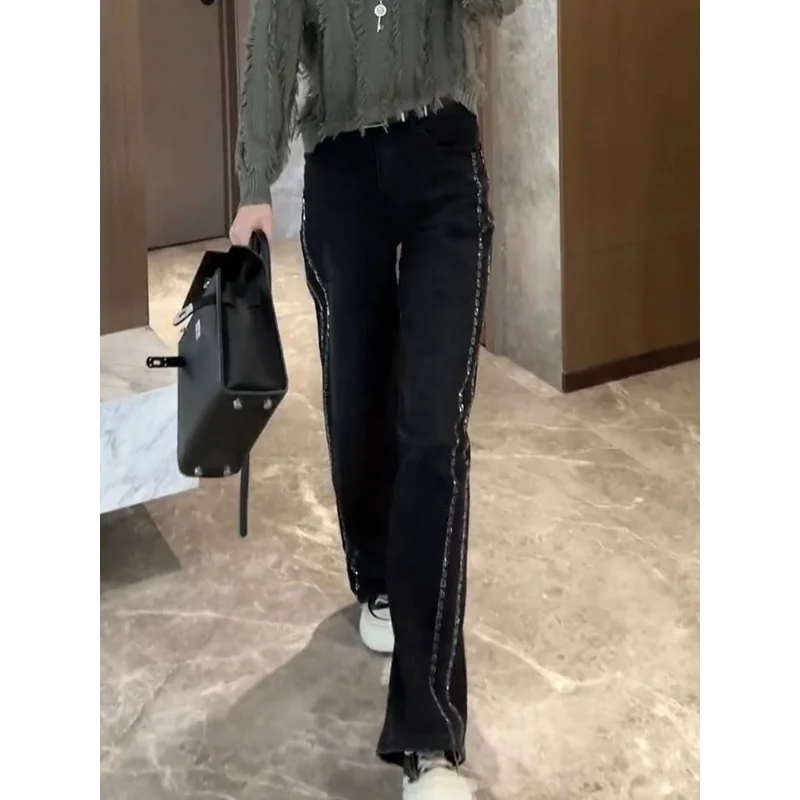 Simple Black Slim Wide Leg Jeans Women Loose Straight Pants With Rhinestones