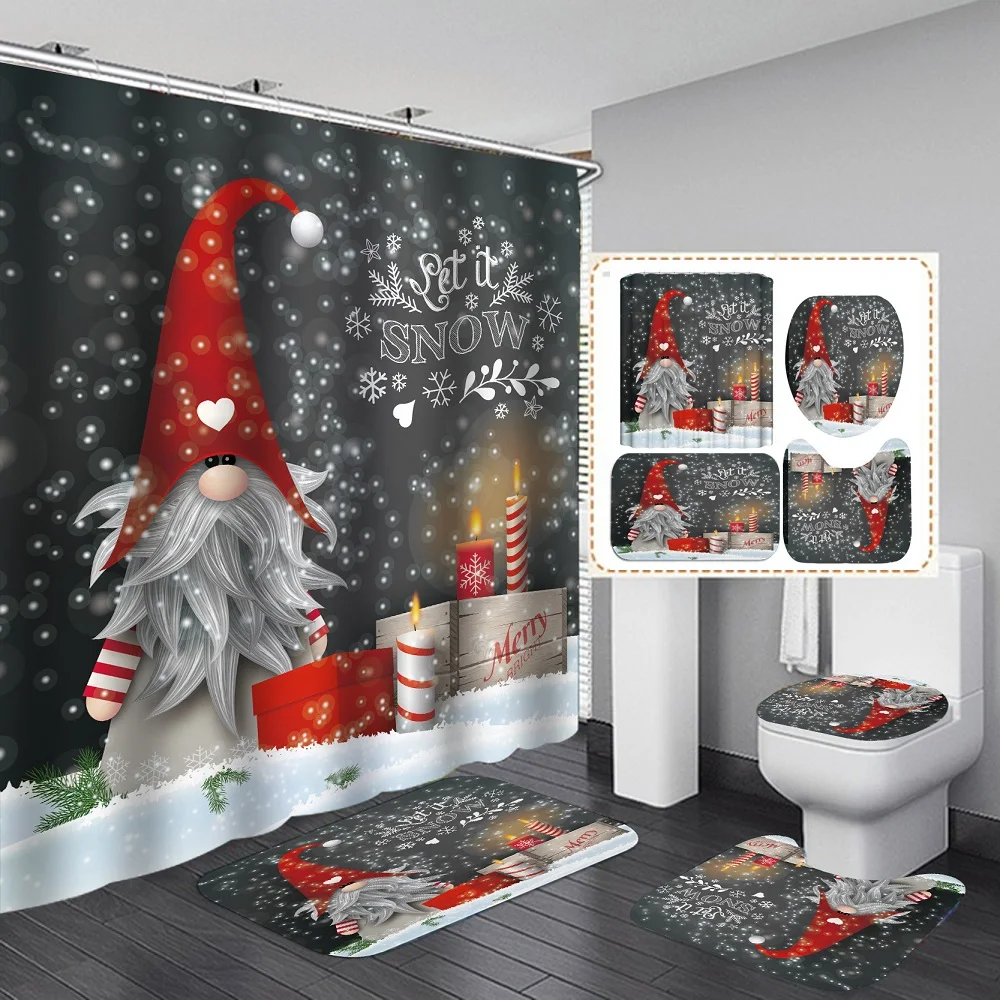 

Santa Claus Shower Curtain Set Non-Slip Rugs Toilet Cover Bath Mat Cute Gnome Candle Big Gift Box Xmas Merry Bath Curtains Sets