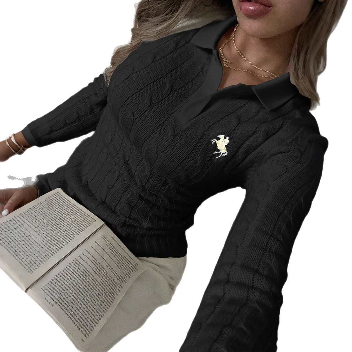 여성용 긴 소매 울 스웨터 단색 캐주얼 패션 허리 타이트 칼라 니트 탑 폴로