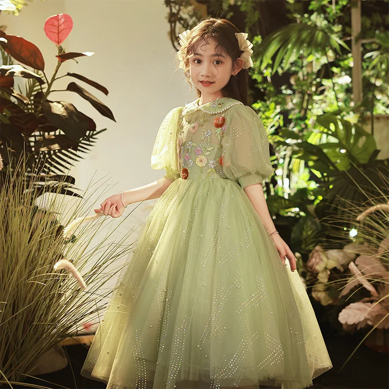 

2023 Tulle Dress for Young Girls Kids Sequined Flower Appliques Long Ball Gowns Infant Princess Partysu Dresses Teens Vestidos