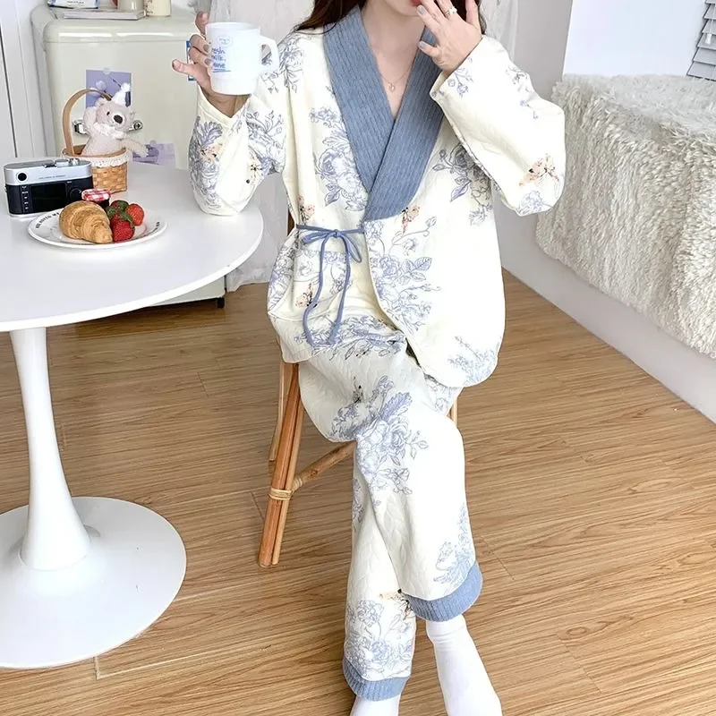 Air Cotton Female Nursing Clothes Autumn Winter Postpartum Nursing Two-piece Cotton Women Pajamas Spring V-neck Warm Homewear