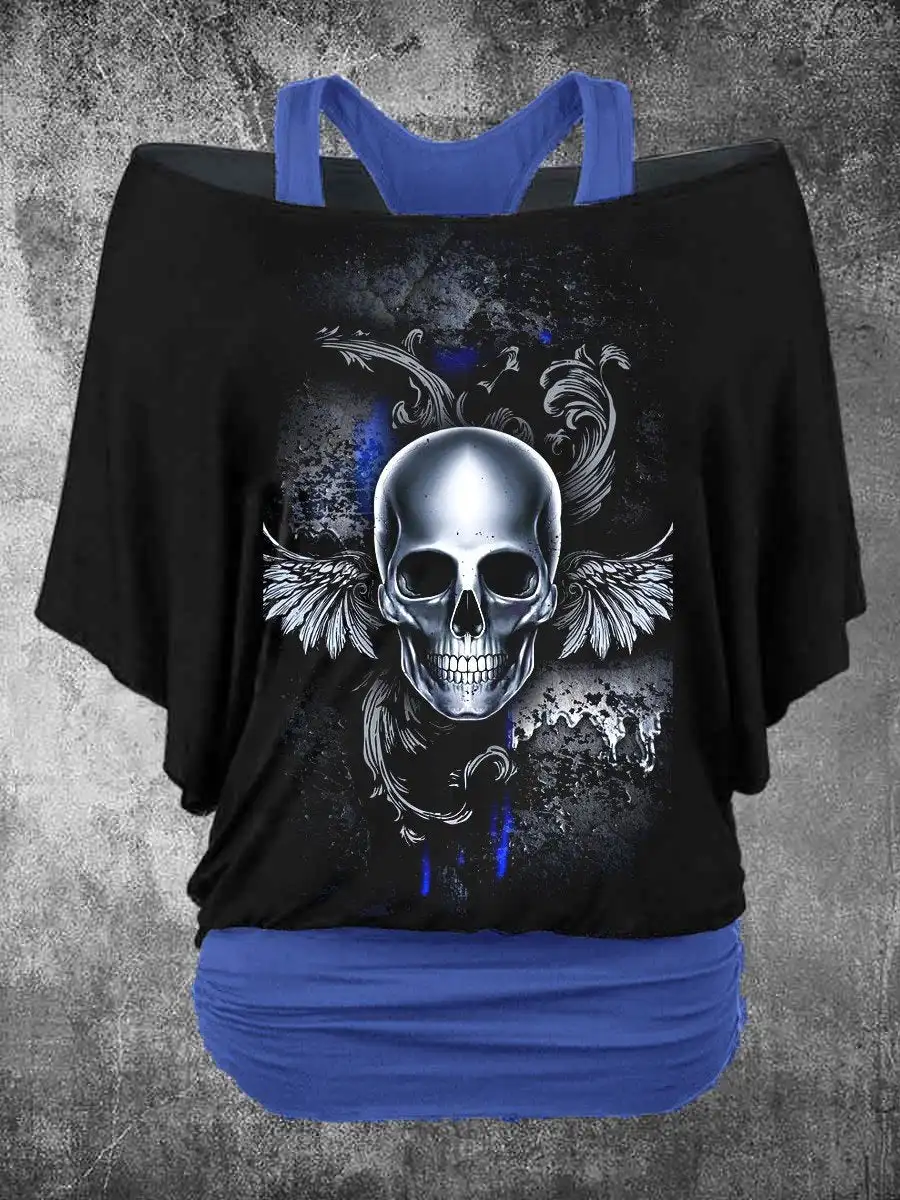 PLstar Cosmos 3D Printed Horror Skull Pattern Faux Two-Piece Top Women's Casual T-Shirt Harajuku Streetwear