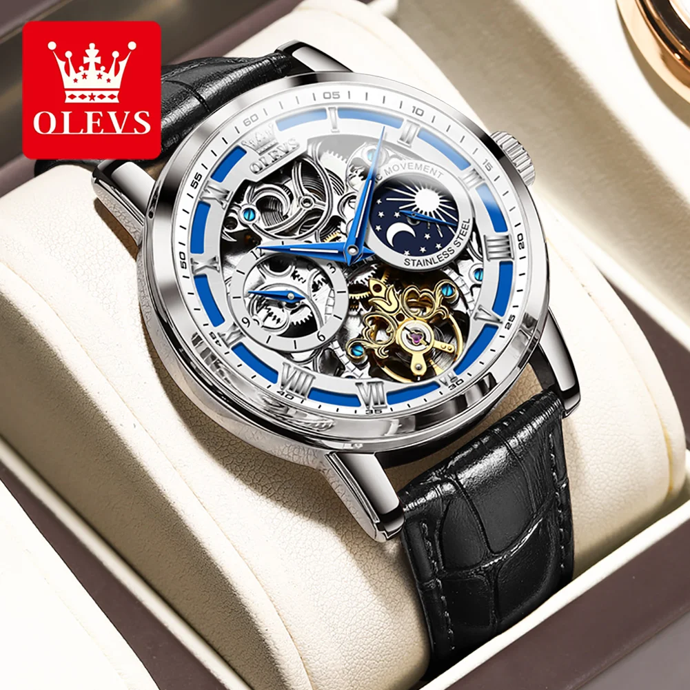 

OLEVS 6670 Automatic Mechanical Watch For Man Skeleton Flywheel Design Luminous Hands Waterproof Leather Top Brand Reloj Hombre