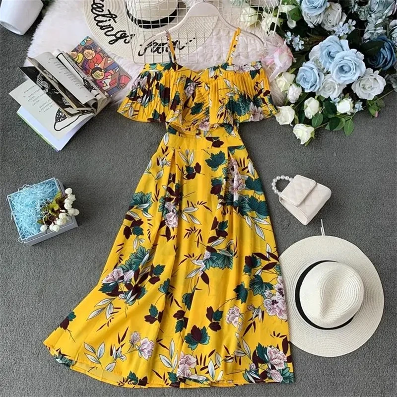 

2024 Summer Sling Dress Casual Women Bohemian Dresses Female Elastic Waist Bohe Beach Dress Women Midi Dresses Vestidos