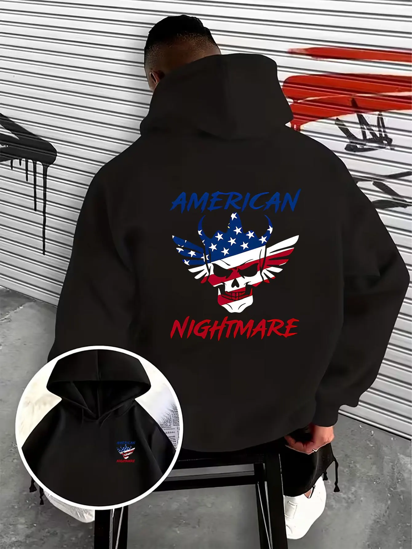 Moletom Masculino de Lã com Capuz e Estampa de Crânio e Bandeira Americana Patriótica, Moletom Vintage Y2K para Treino Atlético, Pulôver Solto e Quent