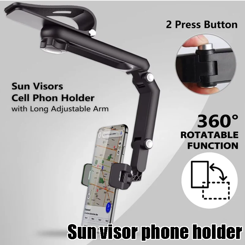 Soporte para Teléfono con Visera Solar para Auto con Rotación de 360° °   Soporte Universal Multifuncional Giratorio para Teléfono Inteligente, para Llamadas con GPS, Diseño de Fácil Fijación con Clip