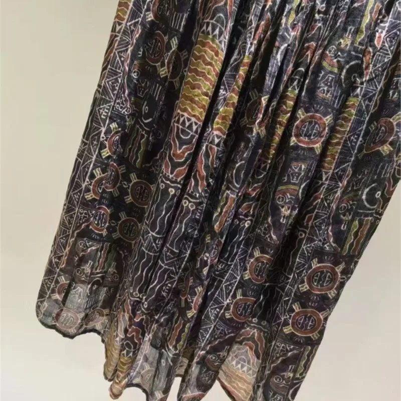 Johnature 2025, lockerer Ethno-Stil, Retro-Distressed-Blau, Patchwork, bedruckt, Ramie, doppellagiges Futter, lässige Damenröcke