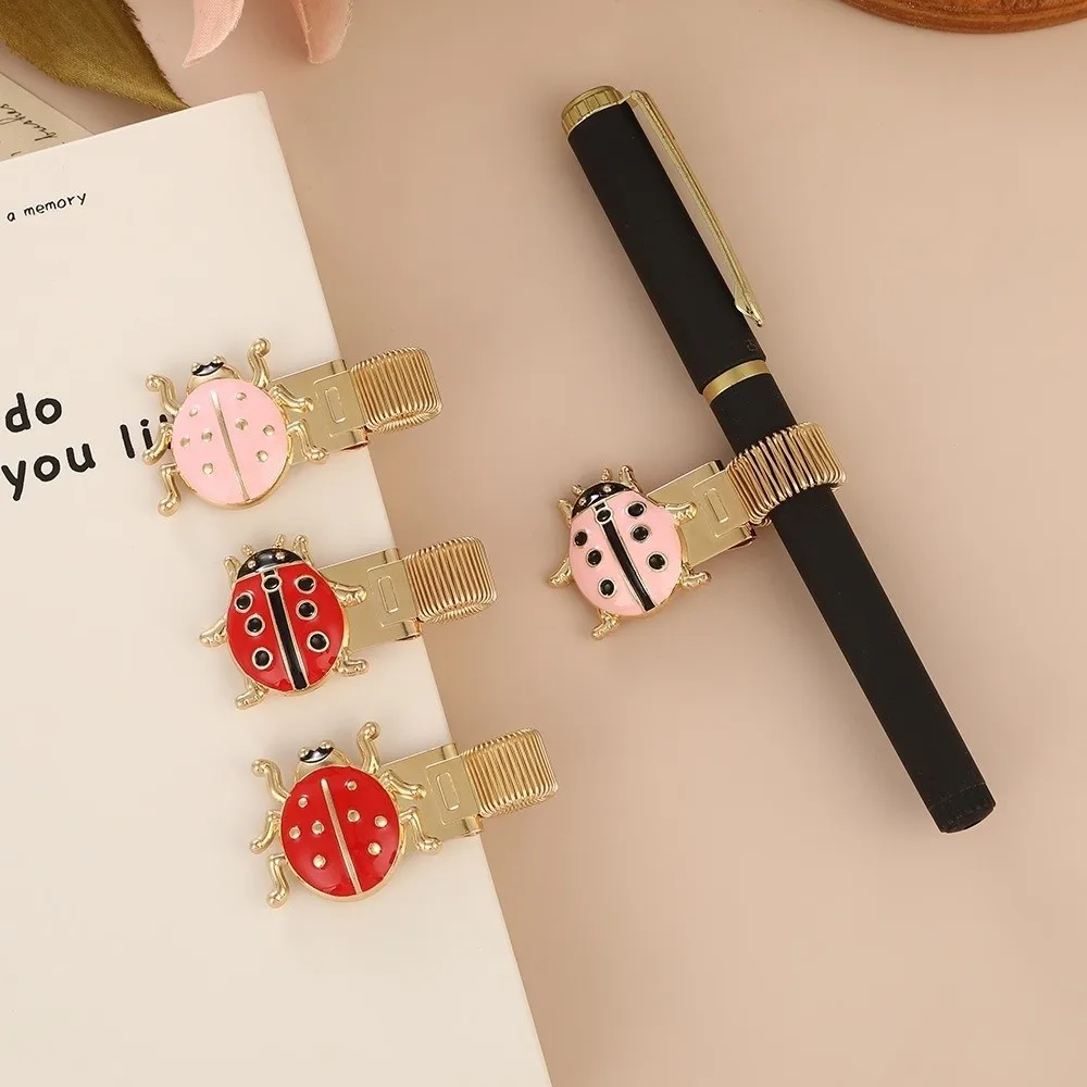 Cute Metal Ladybug Pen Holder Bookmark with Enamel Coating Spring Pen Clips Anti-lost Useful Pen Loop Holder Student Stationery