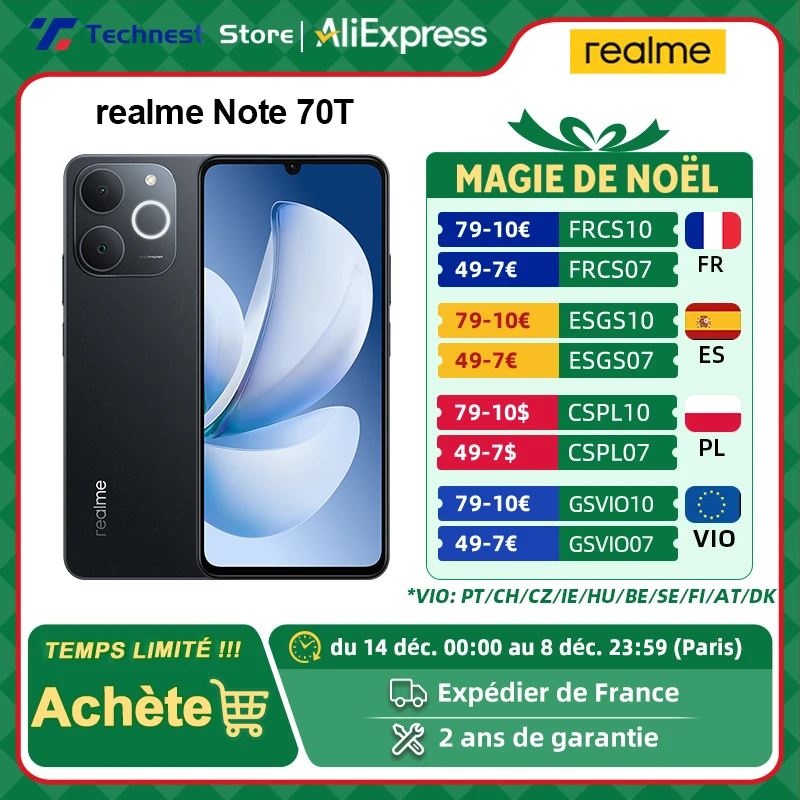 Version mondiale realme Note 70T AI Smartphone 6.75 pouces 90Hz écran 6000mAh batterie 13MP Al caméra octa-core Chipset IP54 Version mondiale realme Note 70T AI Smartphone 6.75 pouces 90Hz écran 6000mAh batterie 13MP Al caméra octa-core Chipset IP54