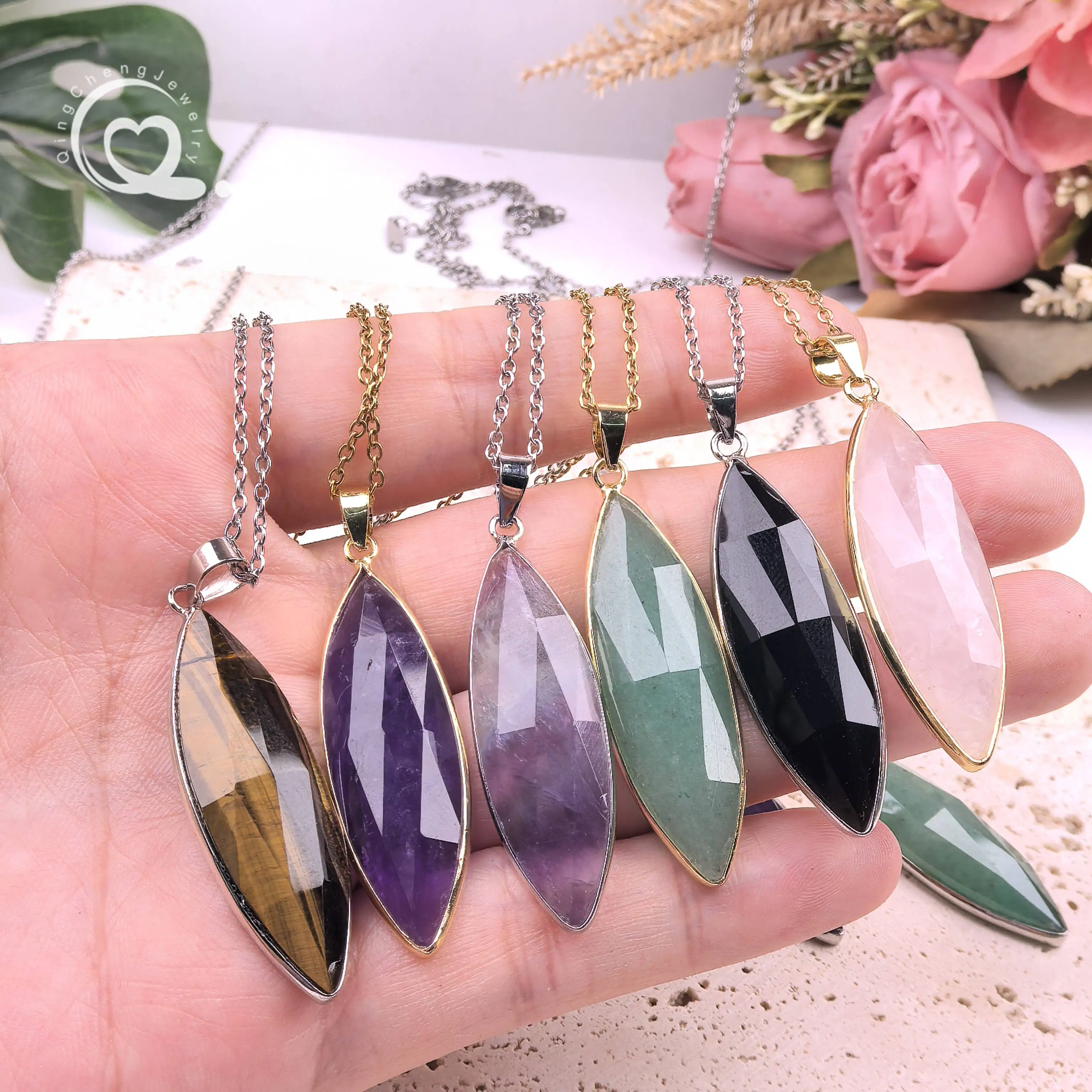 

Plated Gold/Silver Horse's Eye Shape Gemstone Pendants Chains Healing Crystal Rose Quartz Amethyst Necklace Women Jewelry,QC3440
