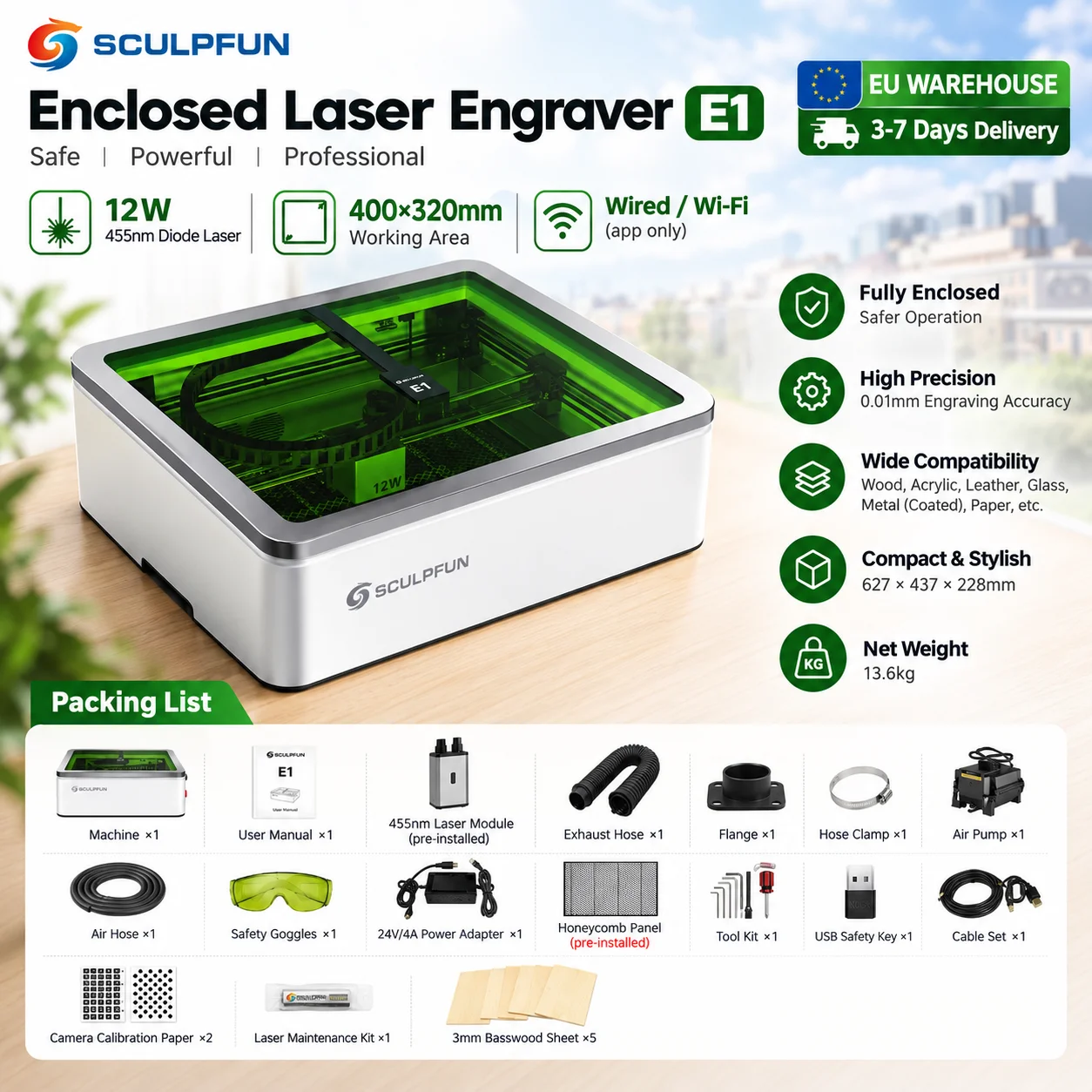 Image of SCULPFUN E1 Geschlossener Laser-Gravierer 12W 455nm Diodenlaser Blaulicht Holz-Metall-Gravur- und Schneidemaschine CoreXY-Struktur & 36000 MM/Min Geschwindigkeit WLAN-Verbindung Arbeitsbereich