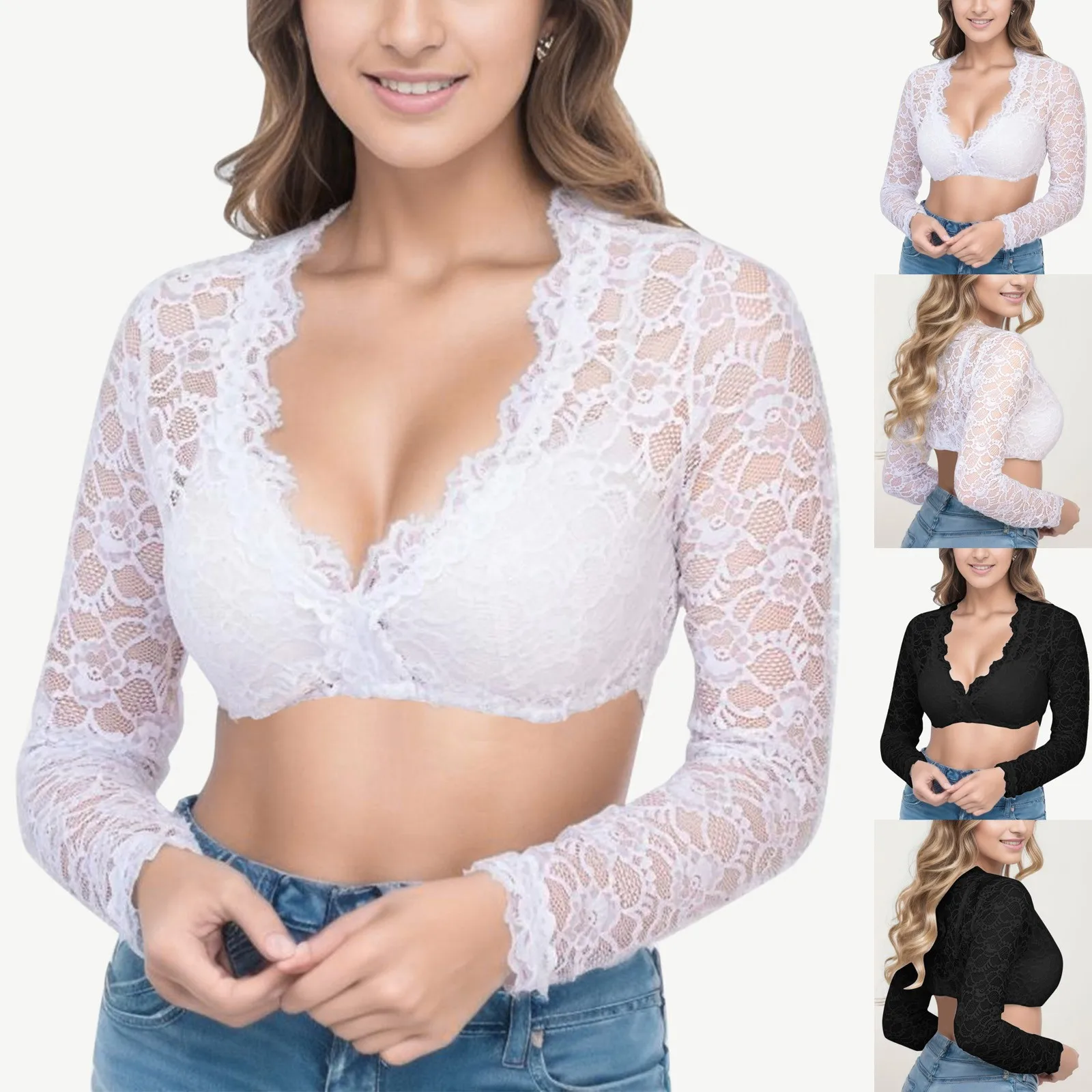 Women\'s Solid Color Crop Tops Underwire Blouse Sexy Hollow Out Long Sleeve Lace Sexy Elegant Dirndl Costume Oktoberfest Lingerie