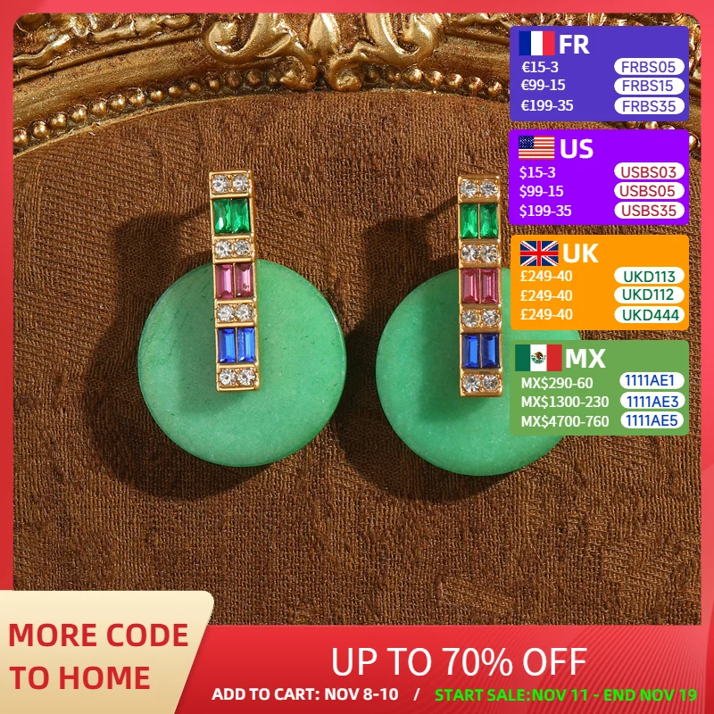 

Vintage Green Earrings Jade Round Agate Rhinestone Colorful Square Zircon Stud Accessories For Women 2025 Trend Jewelry New In