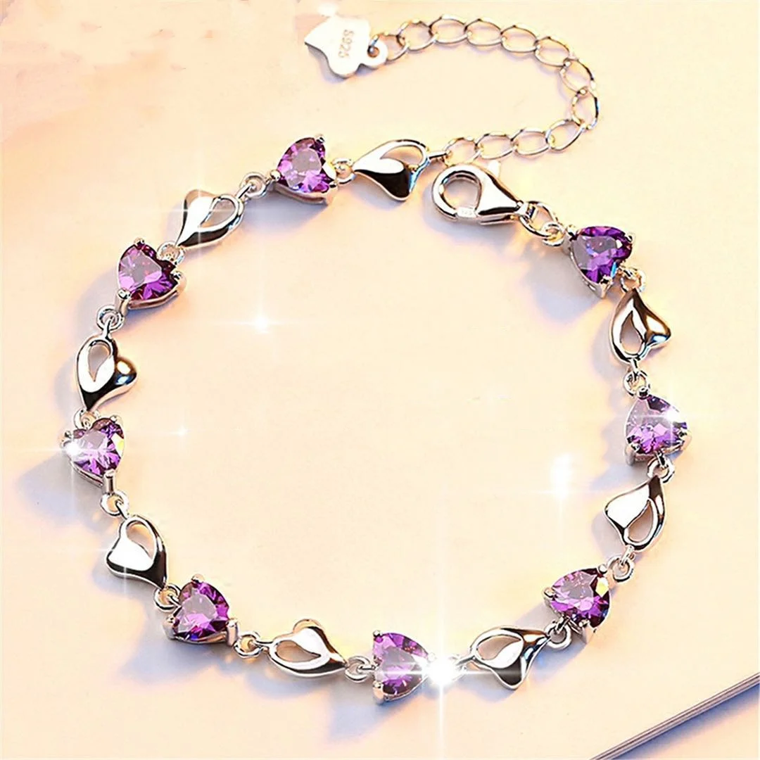 Luxury S925 Sterling Silver Love Bracelet Purple Blue Zircon Crystal for Women Party Engagement Jewelry Gift