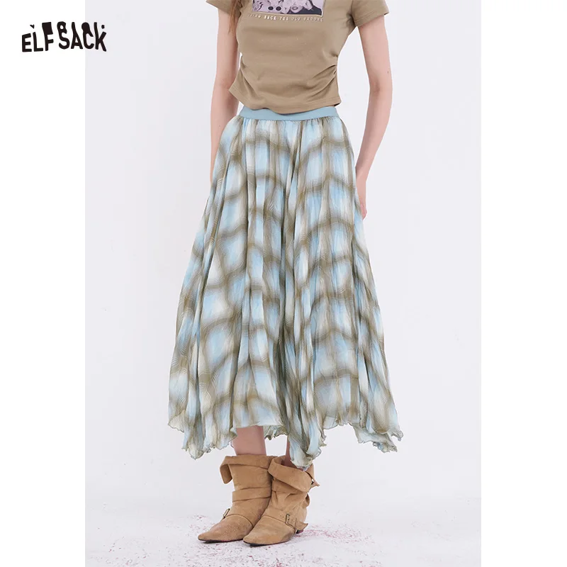 

ELFSACK Spring High-Waist A-Line Print Irregular Beach Vacation Style Fashion Long Skirt for Women