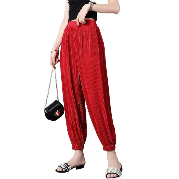 

New 2024 Summer Black red Women' Pleated chiffion Pants Elastic Waist Female Harem Pants Streetwear Chic Trousers