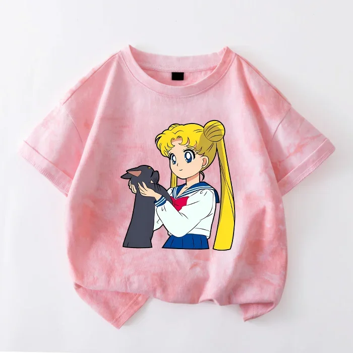 T-shirt con tintura Sailor Moon per ragazze, cartoni animati, vestiti stampati, moda, abbigliamento comodo, top, magliette estive per bambini, regali di compleanno