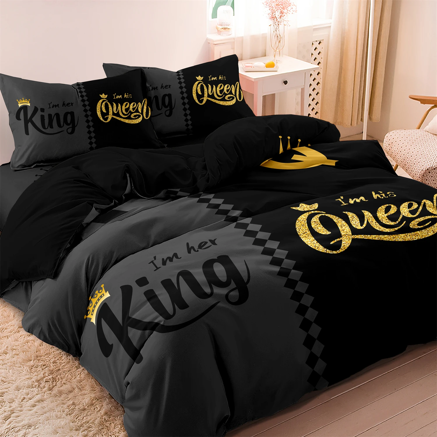 Juego de cama con estampado de corona Queen y King, funda nórdica suave, cómoda y transpirable, color negro y gris, 3 uds.