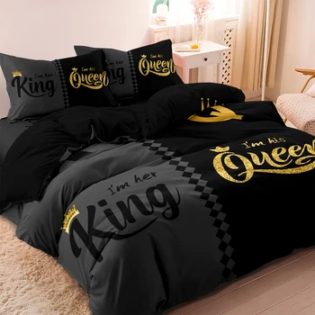 3pcs Fashionable Black Gray Queen & King Crown Printed Bedding Set Duvet Cover Soft Comf