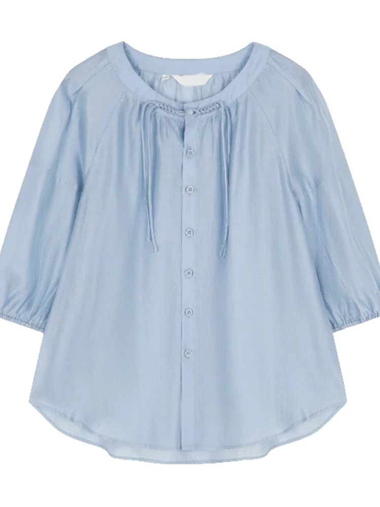 قميص نسائي فضفاض بلون واحد للتنحيف بأكمام ثلاثة أرباع عصري على الطراز الكوري قصة مستقيمة جديد للصيف