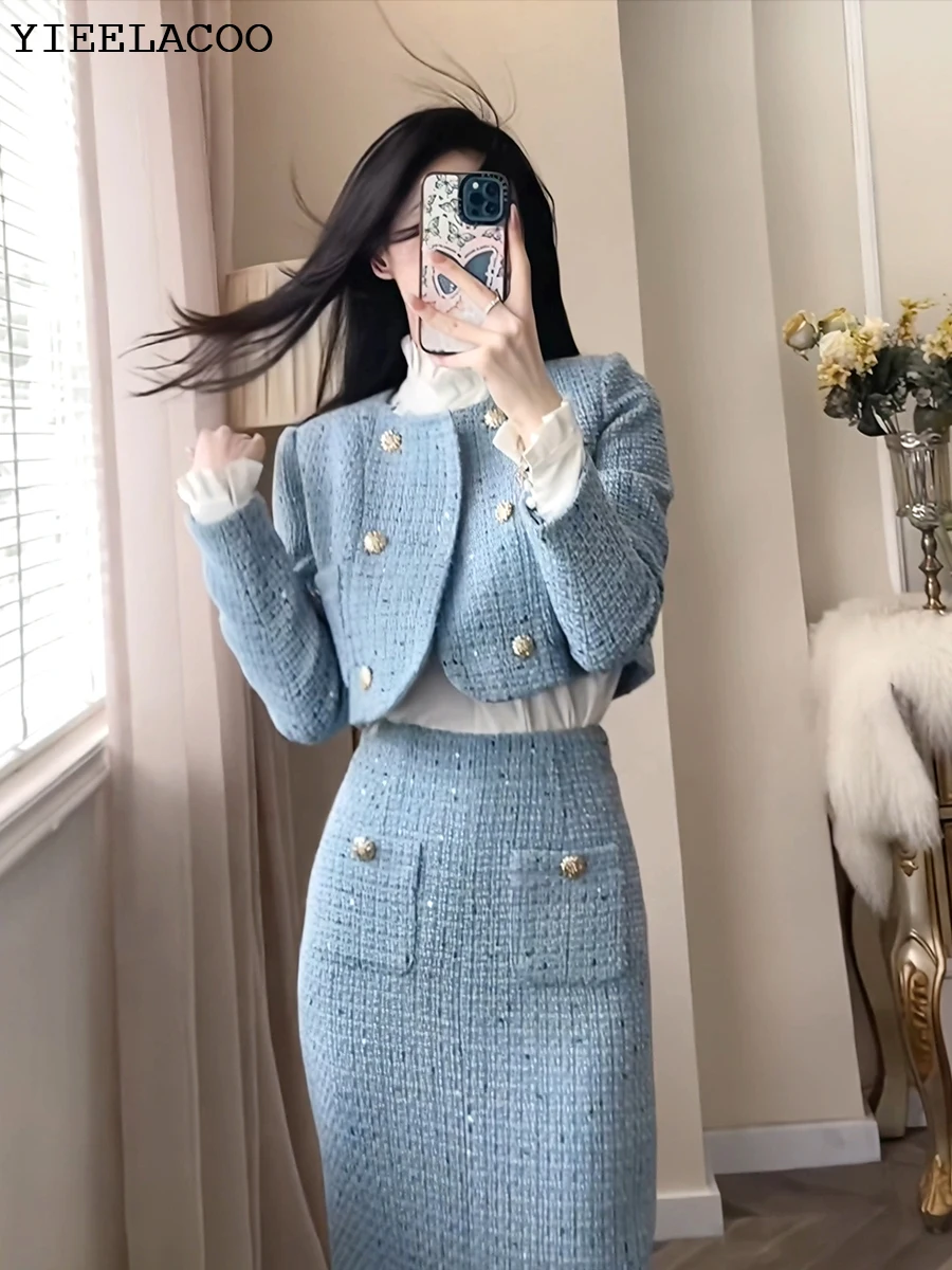 BlueTweed jacket + Skirt Sets fashion Professional Set slimming new Women\'s Suit Autumn/Winter White 2-Piece Set