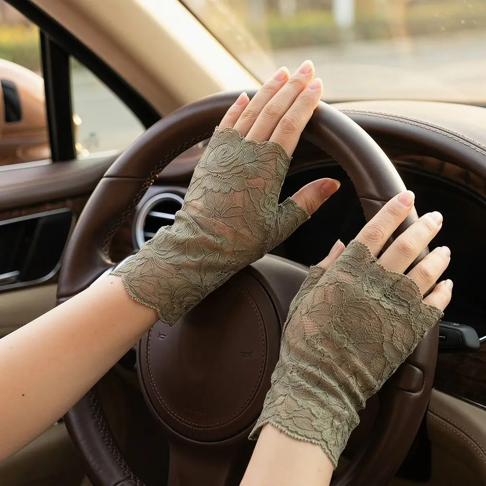Flower Pattern Lace Sunscreen Gloves Thin Fabric Breathable Mesh Fingerless Gloves Exposed Finge Elastic Cuff Arm Sleeve