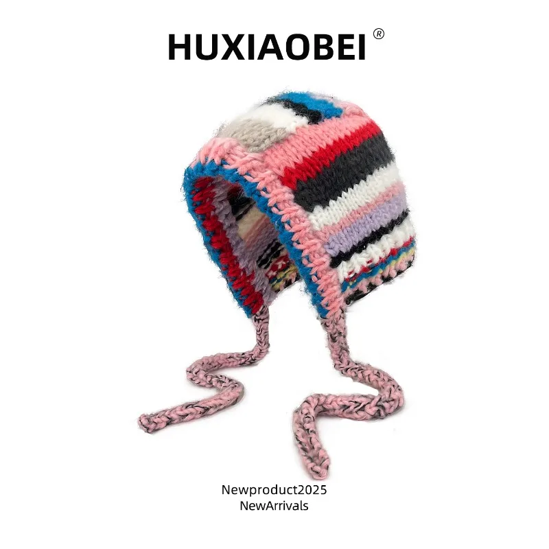 Korean Version Color Matching Dopamine Striped Pullover Knitted Hat Winter Warm Lace-up Ear Protector Balaclava Hats for Women's